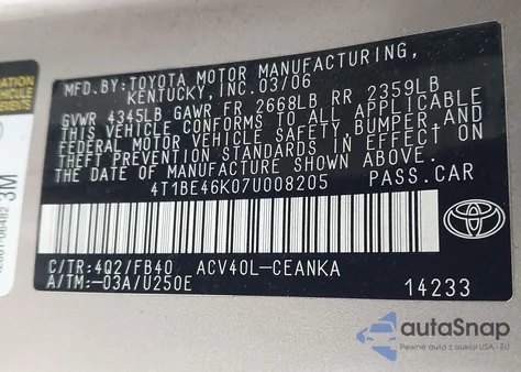 2007 Toyota Camry Le из США, поврежденный, VIN 4T1BE46K07U008205